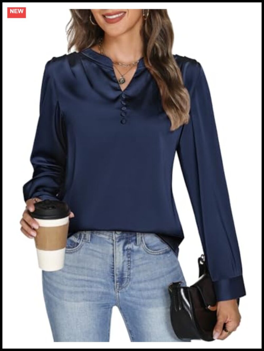 Satin Silk Blouse Long Sleeve Button Front V Neck Business Casual Work Top